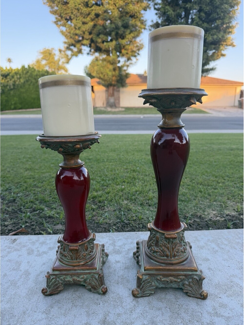Vintage Burgundy Resin Ornate Taper Pillar Candle Holders Gold Trim Pair